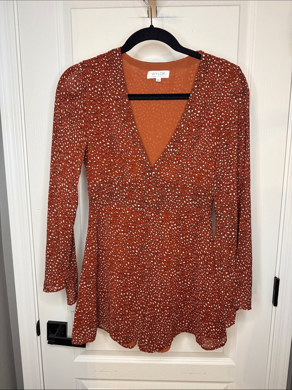 WYLDR Rust Orange with White Dot V-neck Long Sleeve Dress